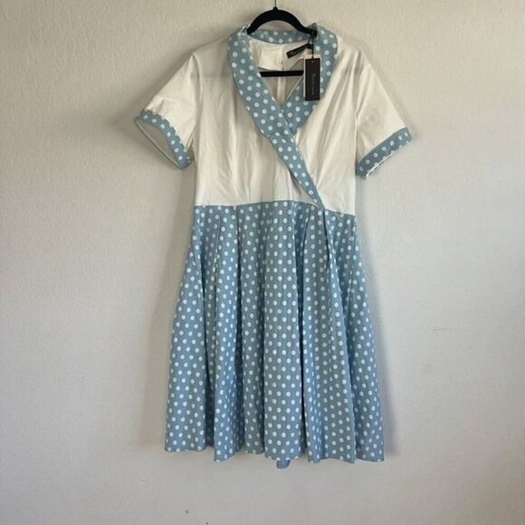 GownTown Women's Pinup 60s Vintage Blue Polkadot Swing Plus Size Dress XXL NWT - Picture 1 of 10